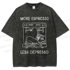 Unisex More Espresso Less Depresso Cat Printed Washed Tee