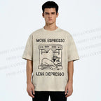 Unisex More Espresso Less Depresso Cat Printed Washed Tee
