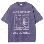 Unisex More Espresso Less Depresso Cat Printed Washed Tee