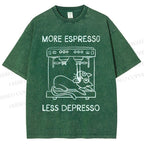 Unisex More Espresso Less Depresso Cat Printed Washed Tee