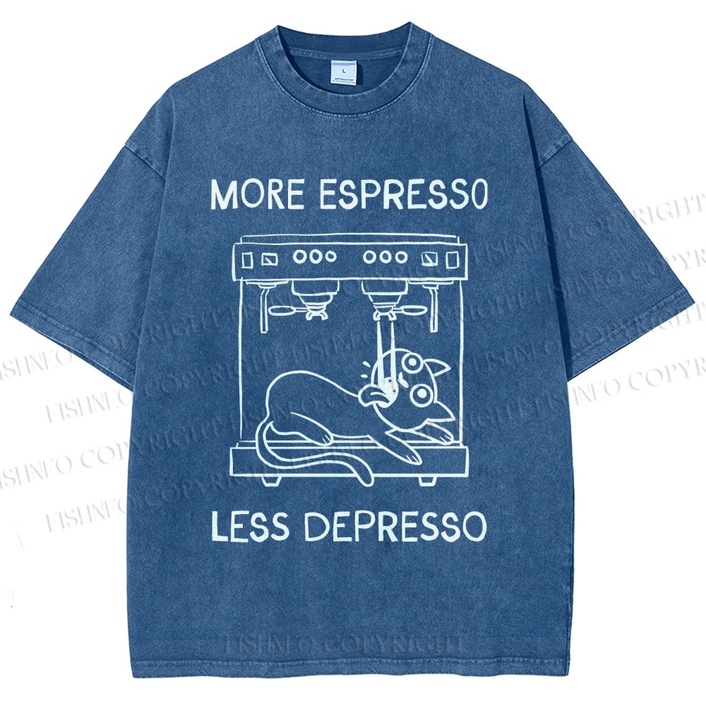 Unisex More Espresso Less Depresso Cat Printed Washed Tee