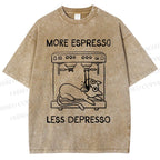 Unisex More Espresso Less Depresso Cat Printed Washed Tee