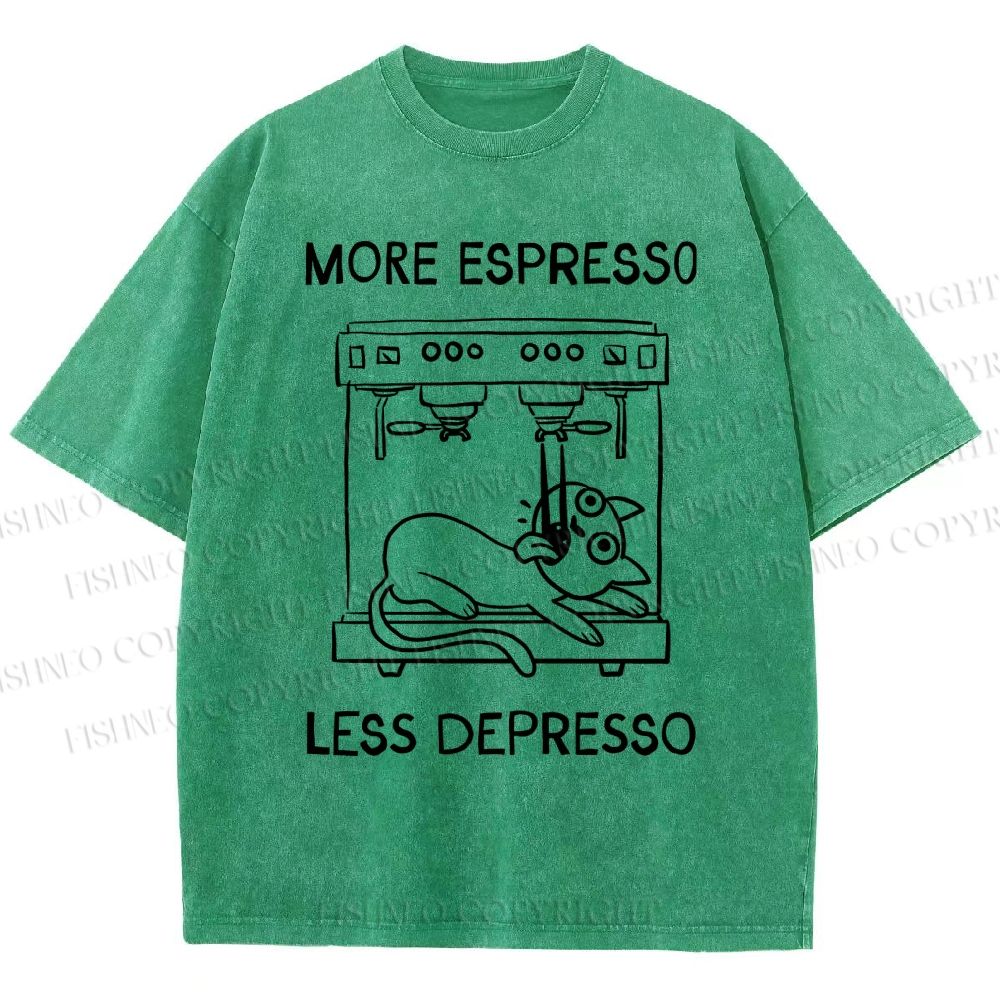 Unisex More Espresso Less Depresso Cat Printed Washed Tee