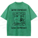 Unisex More Espresso Less Depresso Cat Printed Washed Tee