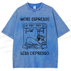 Unisex More Espresso Less Depresso Cat Printed Washed Tee