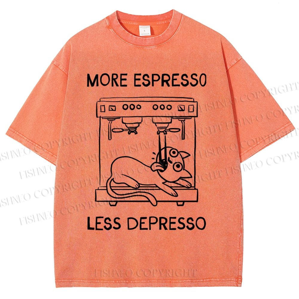 Unisex More Espresso Less Depresso Cat Printed Washed Tee