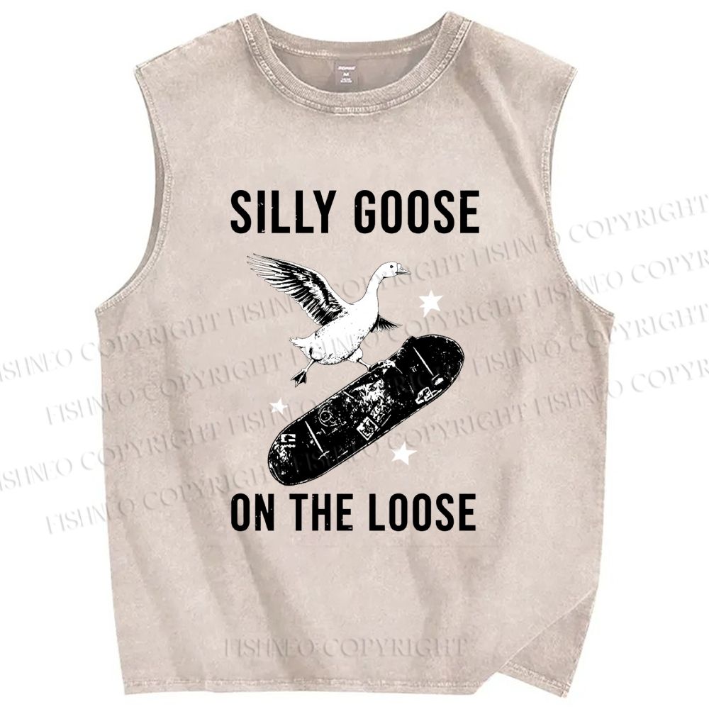 Unisex Cool Goose On Skateboard Printed Washed Tank Top