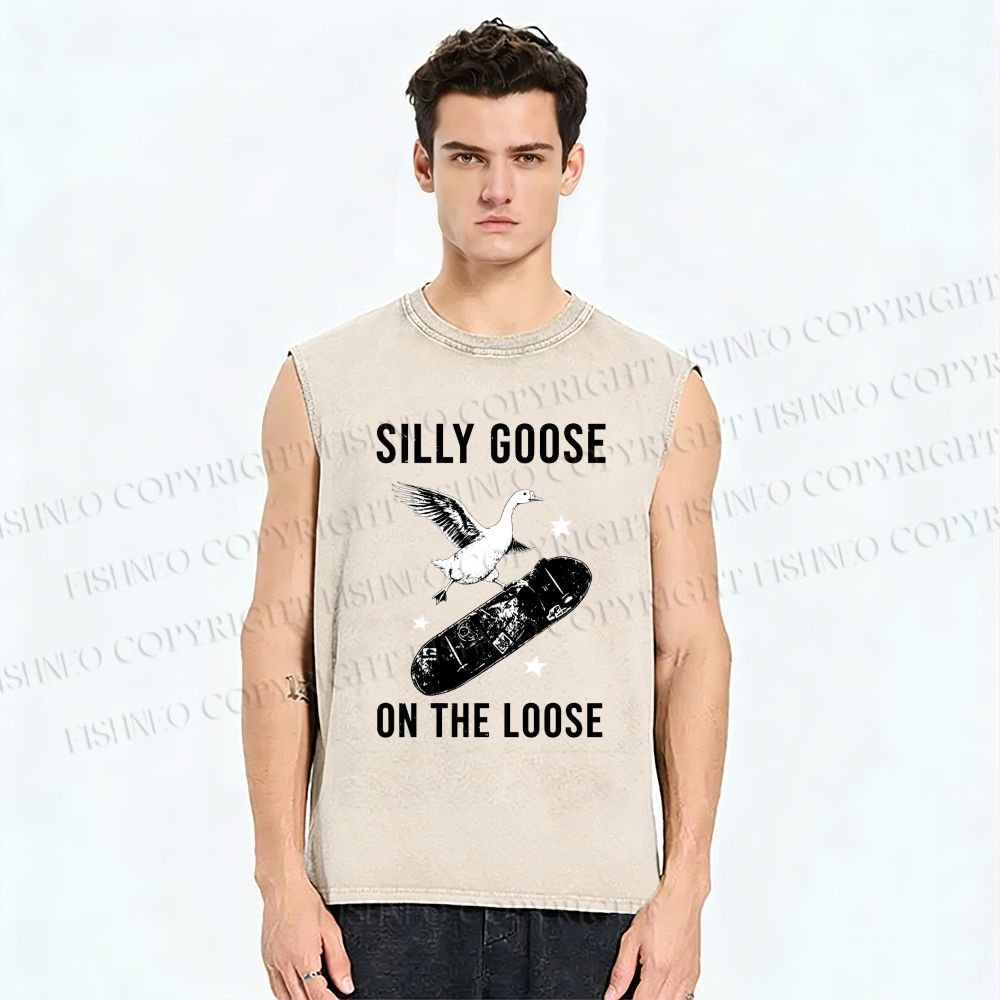 Unisex Cool Goose On Skateboard Printed Washed Tank Top