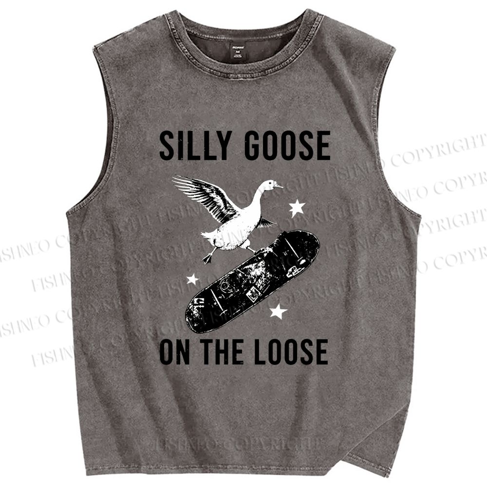 Unisex Cool Goose On Skateboard Printed Washed Tank Top