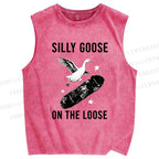 Unisex Cool Goose On Skateboard Printed Washed Tank Top
