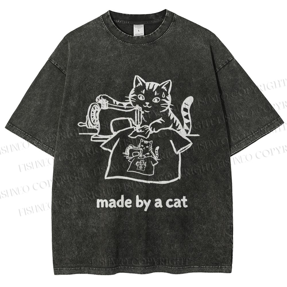 Unisex Funny Cat Tailor Making A Shirt Printed Washed Tee