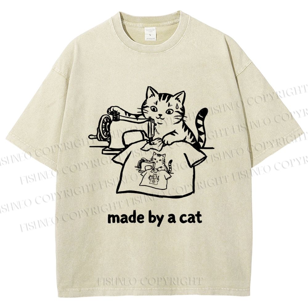 Unisex Funny Cat Tailor Making A Shirt Printed Washed Tee