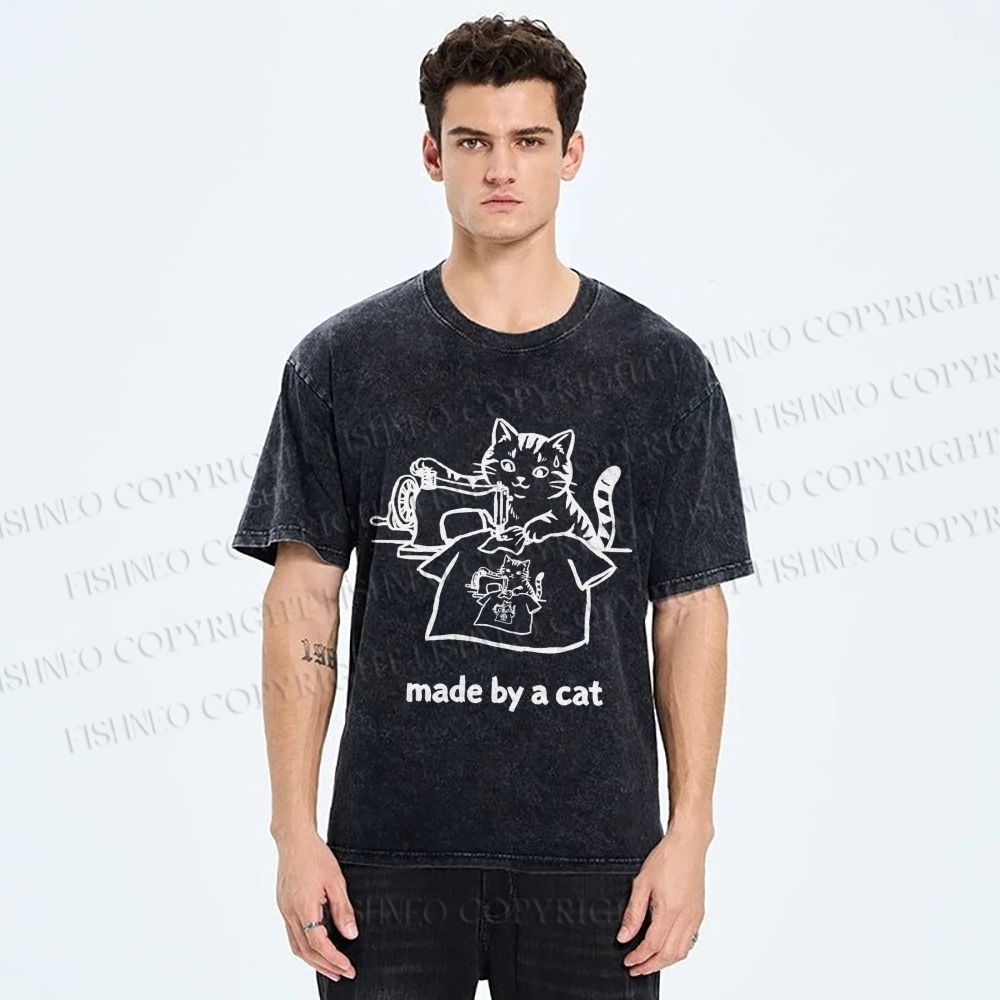 Unisex Funny Cat Tailor Making A Shirt Printed Washed Tee