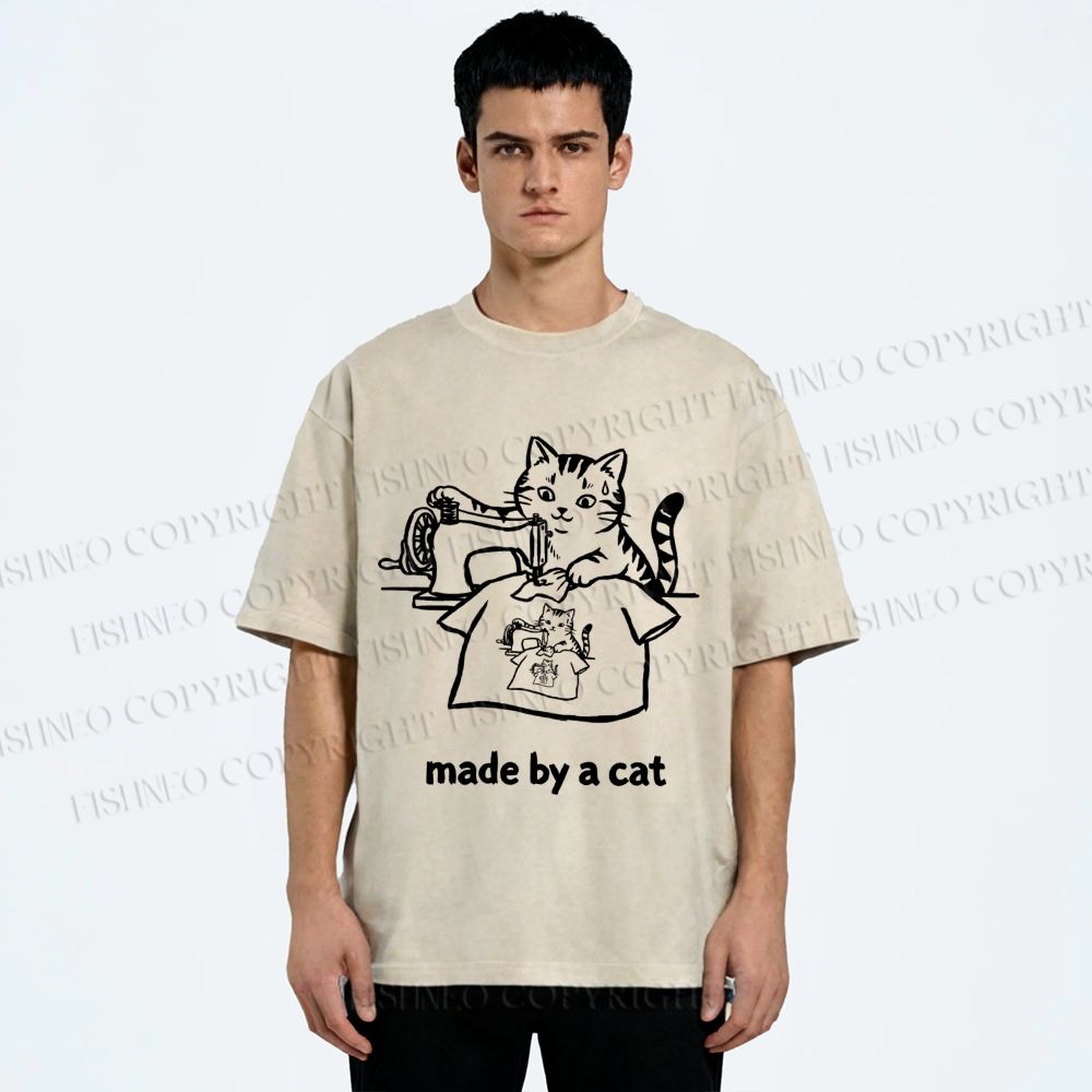 Unisex Funny Cat Tailor Making A Shirt Printed Washed Tee