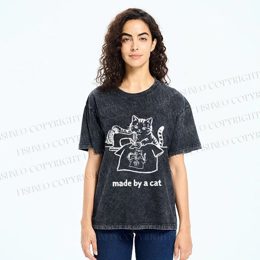 Unisex Funny Cat Tailor Making A Shirt Printed Washed Tee