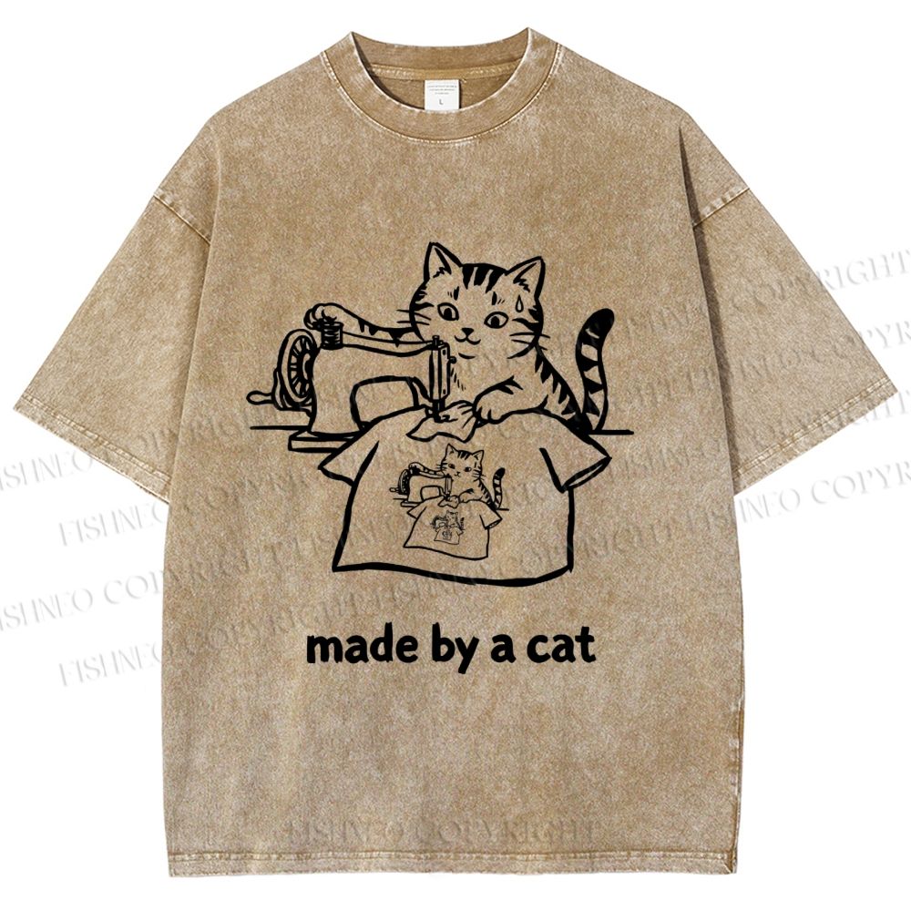 Unisex Funny Cat Tailor Making A Shirt Printed Washed Tee