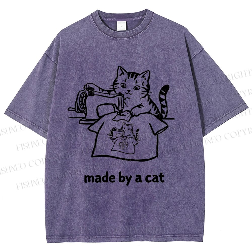 Unisex Funny Cat Tailor Making A Shirt Printed Washed Tee