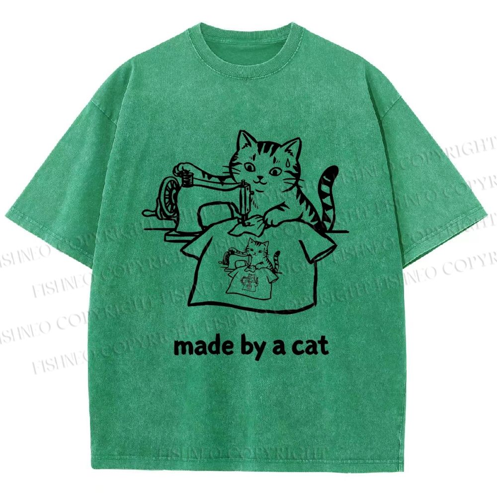 Unisex Funny Cat Tailor Making A Shirt Printed Washed Tee