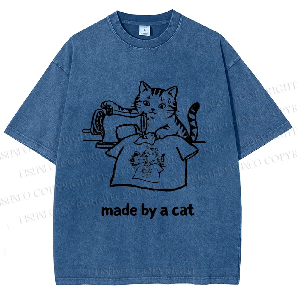 Unisex Funny Cat Tailor Making A Shirt Printed Washed Tee