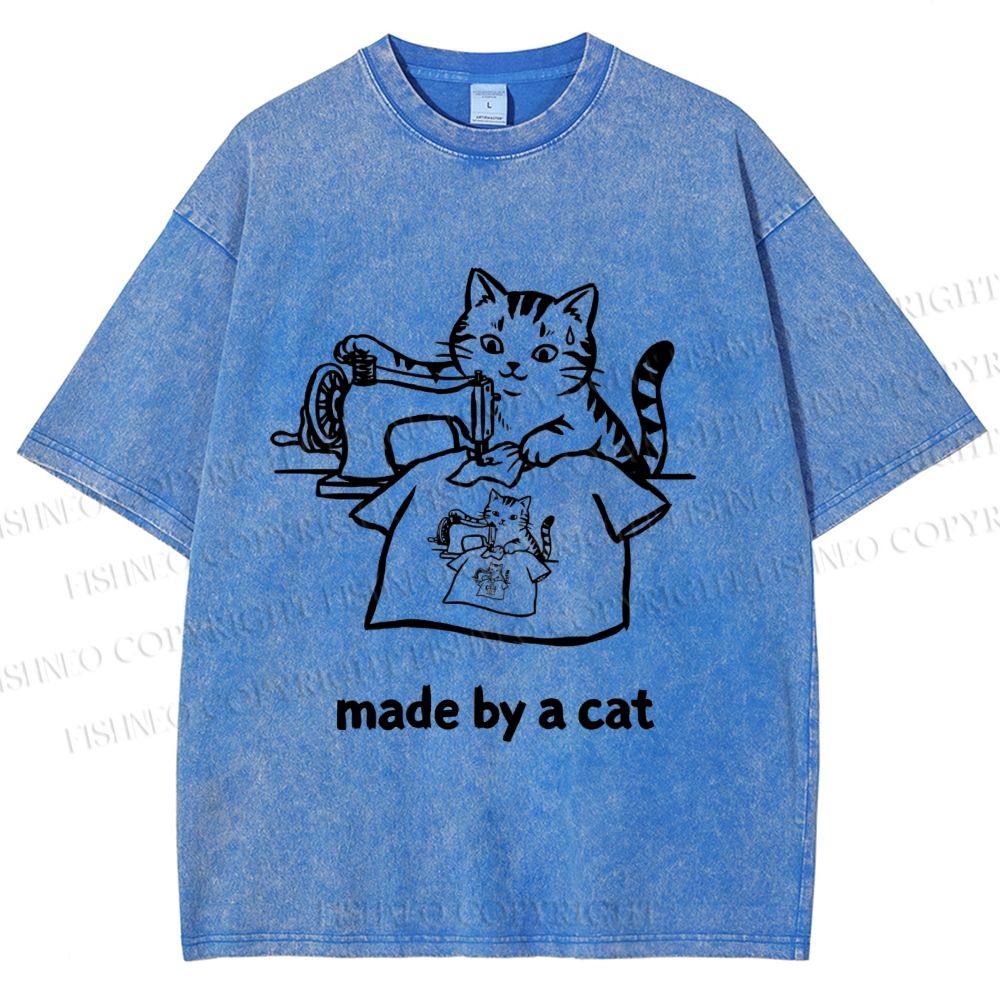 Unisex Funny Cat Tailor Making A Shirt Printed Washed Tee