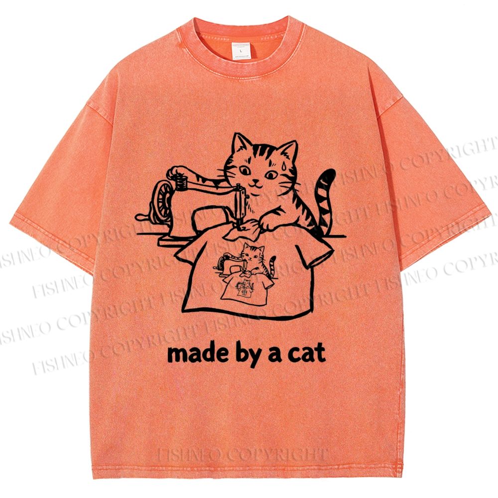 Unisex Funny Cat Tailor Making A Shirt Printed Washed Tee