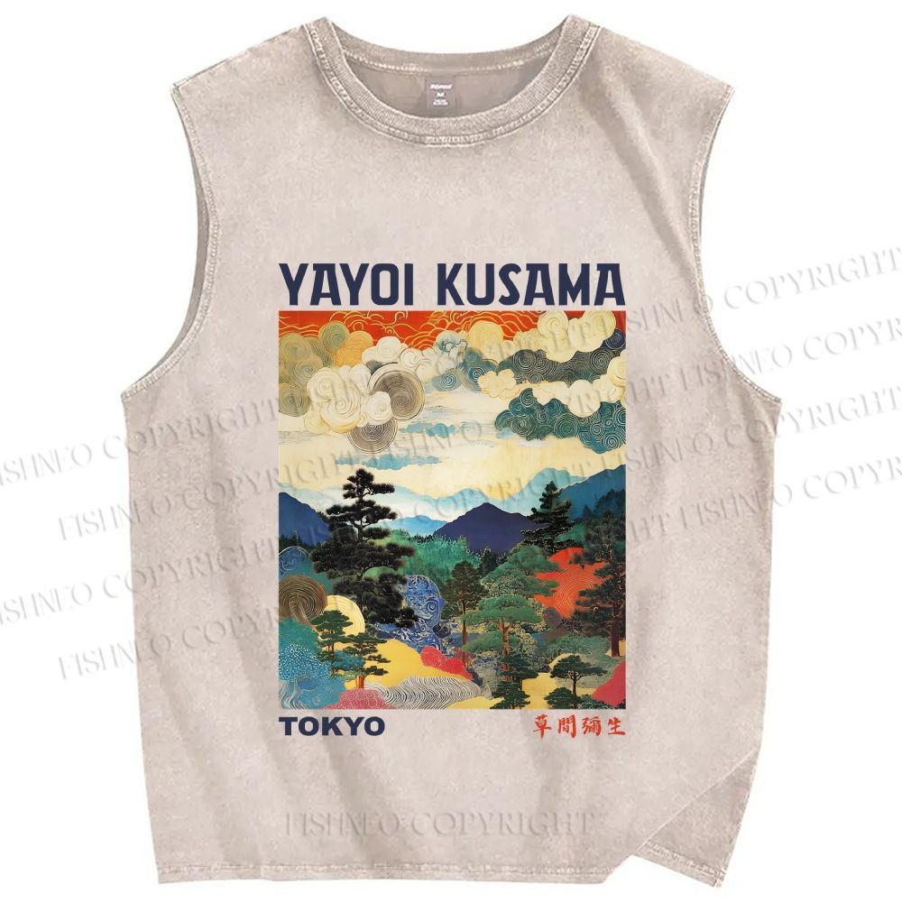 Unisex Yayoi Kusama Landscape Painting Printed Washed Tank Top