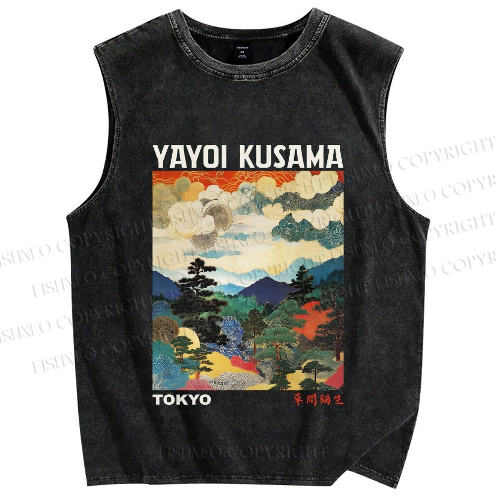 Unisex Yayoi Kusama Landscape Painting Printed Washed Tank Top