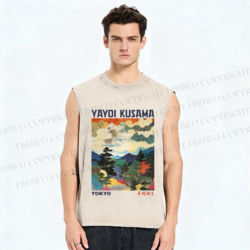 Unisex Yayoi Kusama Landscape Painting Printed Washed Tank Top