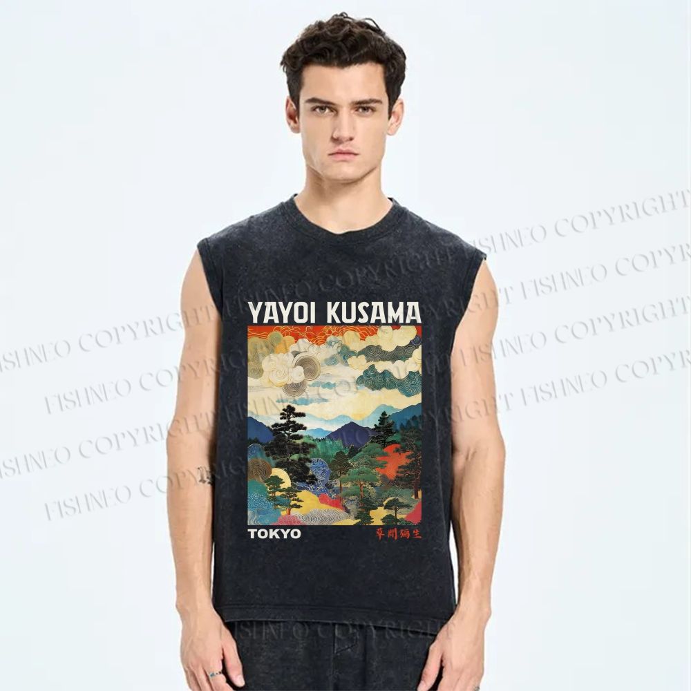 Unisex Yayoi Kusama Landscape Painting Printed Washed Tank Top