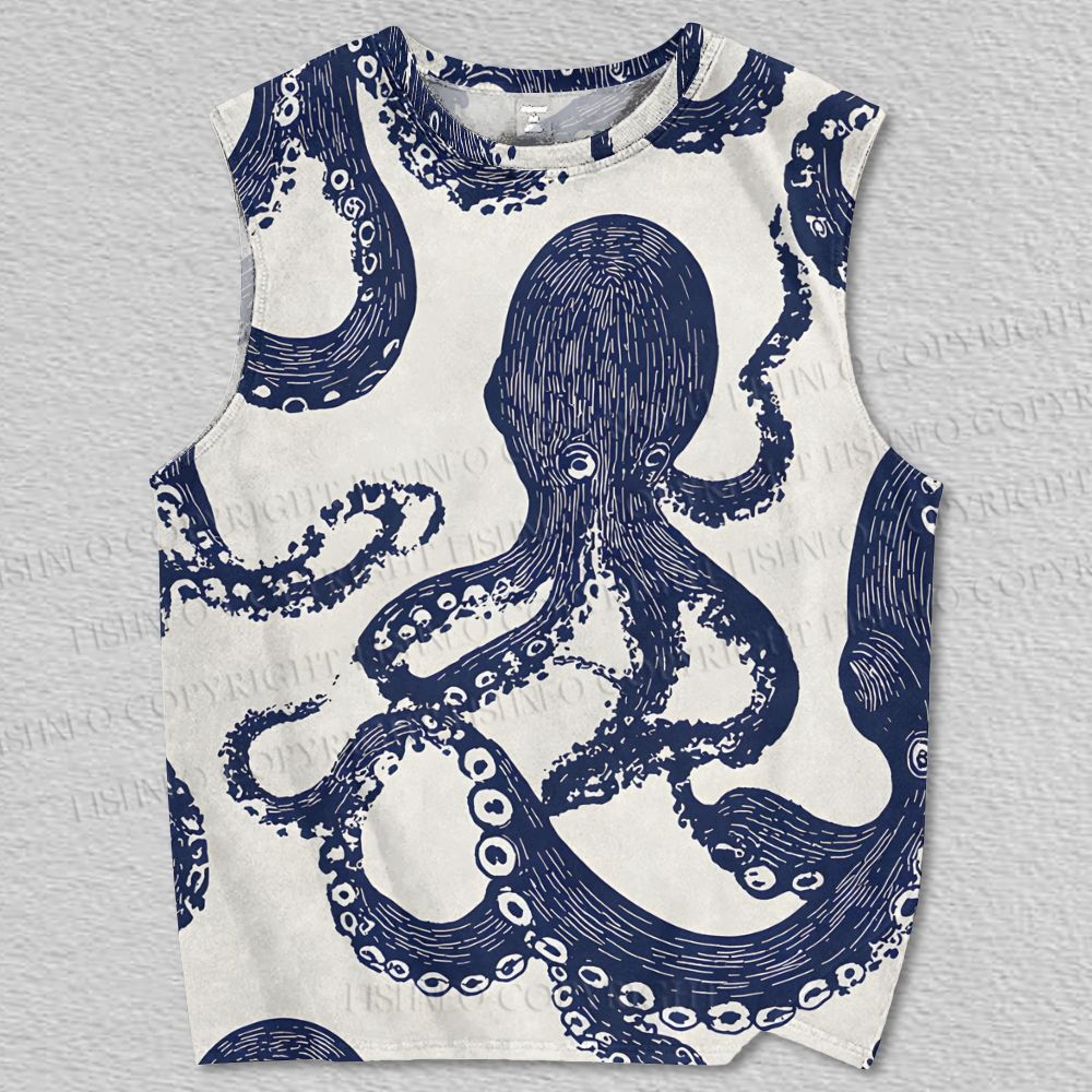 Unisex Blue Octopus Printed Tank Top