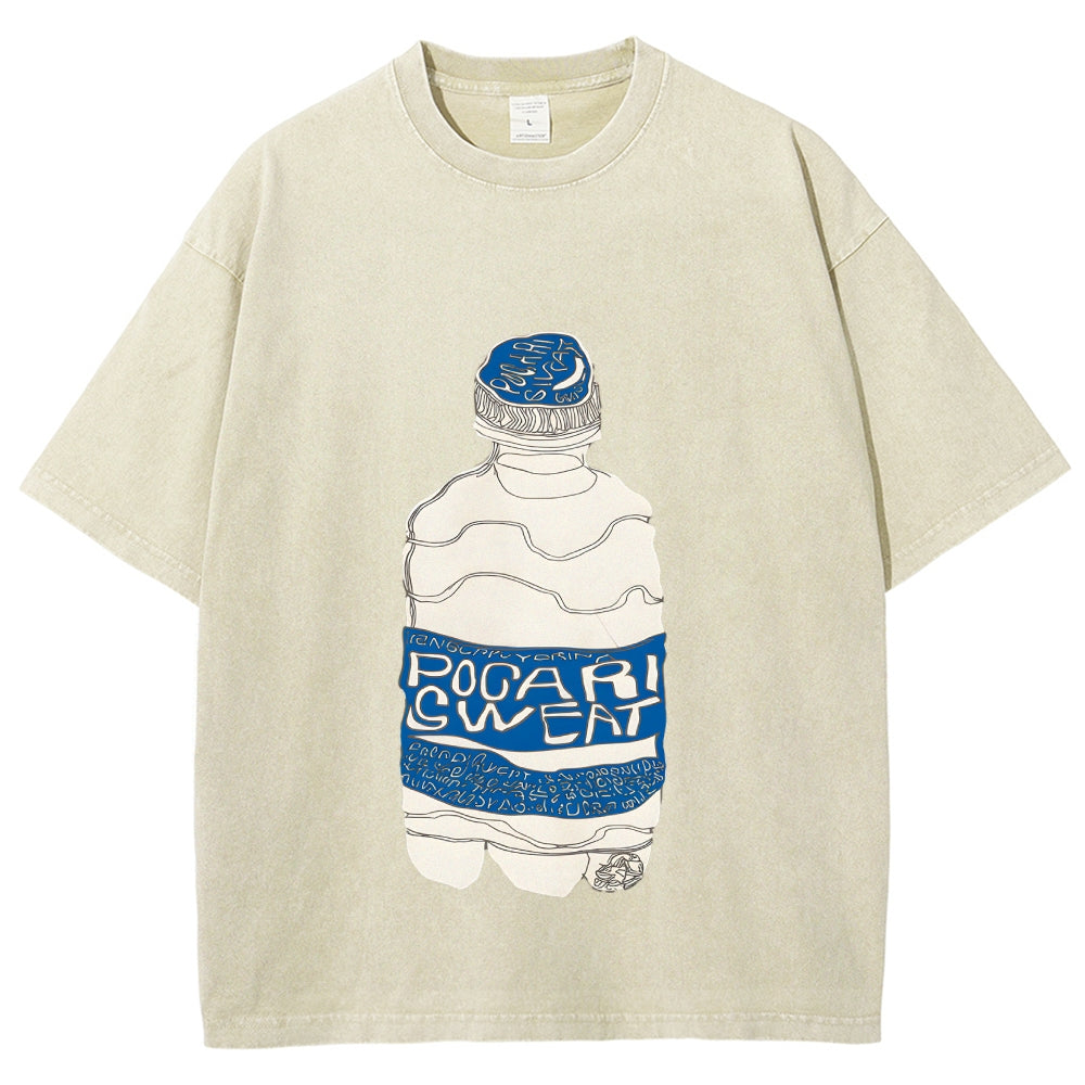 Pocari Sweat Japanese Hand Drawn Style Vintage Washed T-shirt