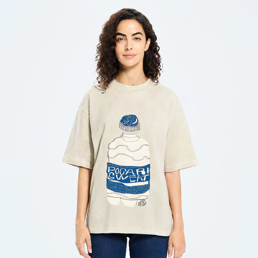 Pocari Sweat Japanese Hand Drawn Style Vintage Washed T-shirt