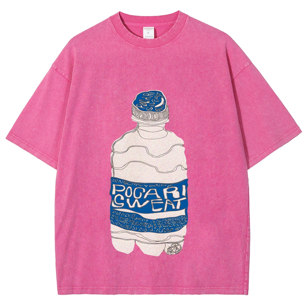 Pocari Sweat Japanese Hand Drawn Style Vintage Washed T-shirt