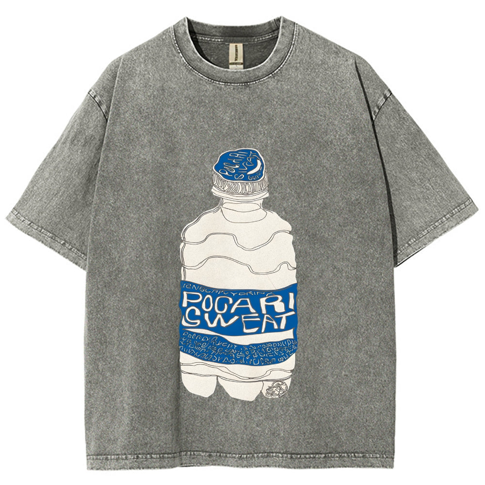 Pocari Sweat Japanese Hand Drawn Style Vintage Washed T-shirt