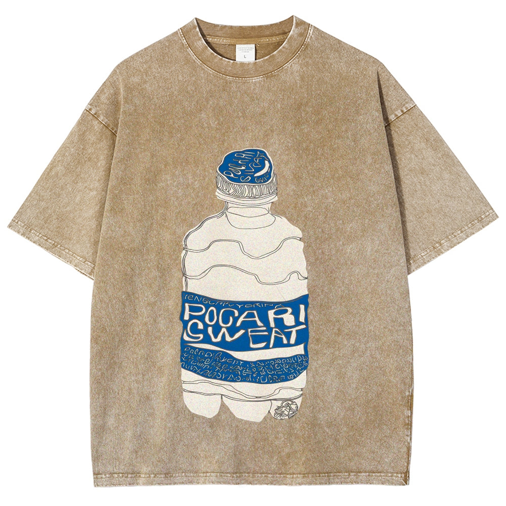 Pocari Sweat Japanese Hand Drawn Style Vintage Washed T-shirt