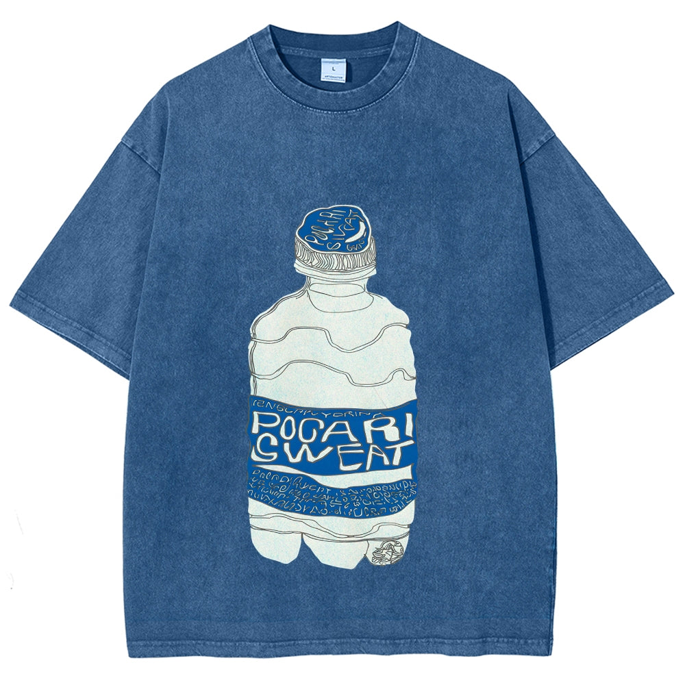 Pocari Sweat Japanese Hand Drawn Style Vintage Washed T-shirt