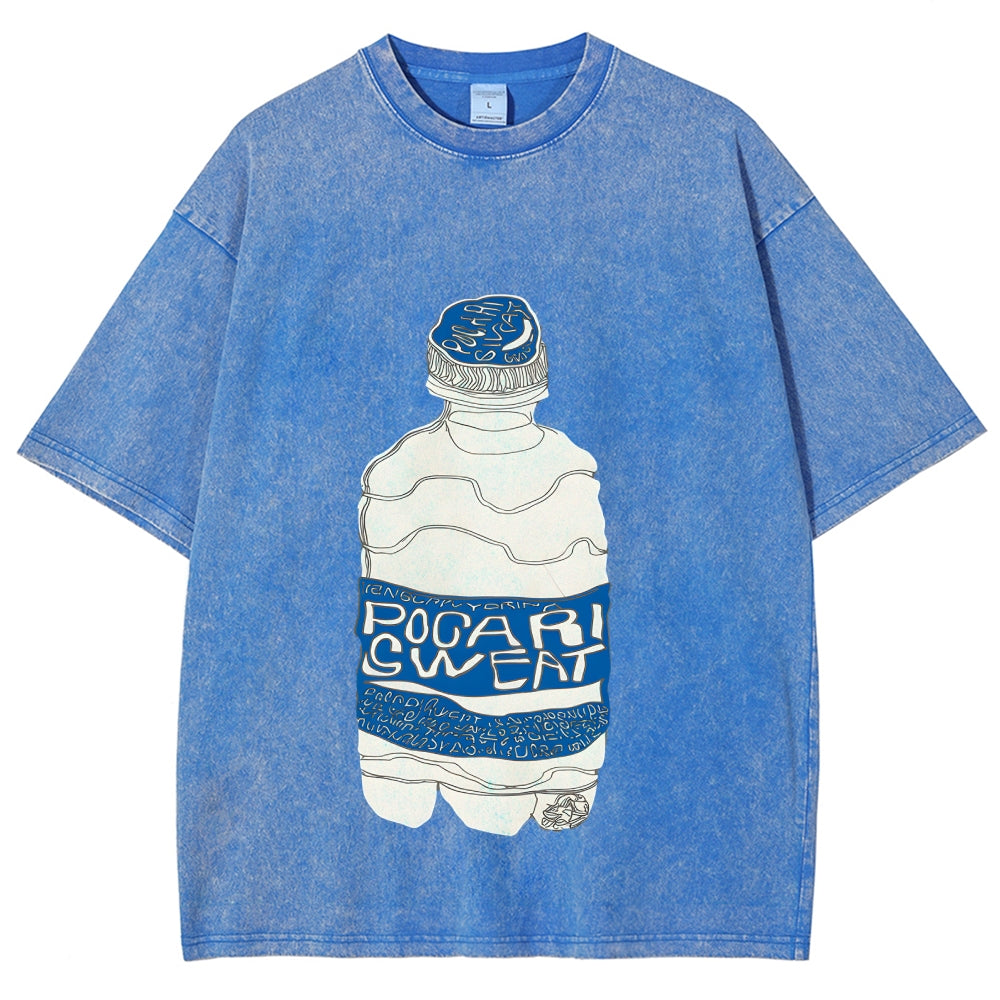 Pocari Sweat Japanese Hand Drawn Style Vintage Washed T-shirt