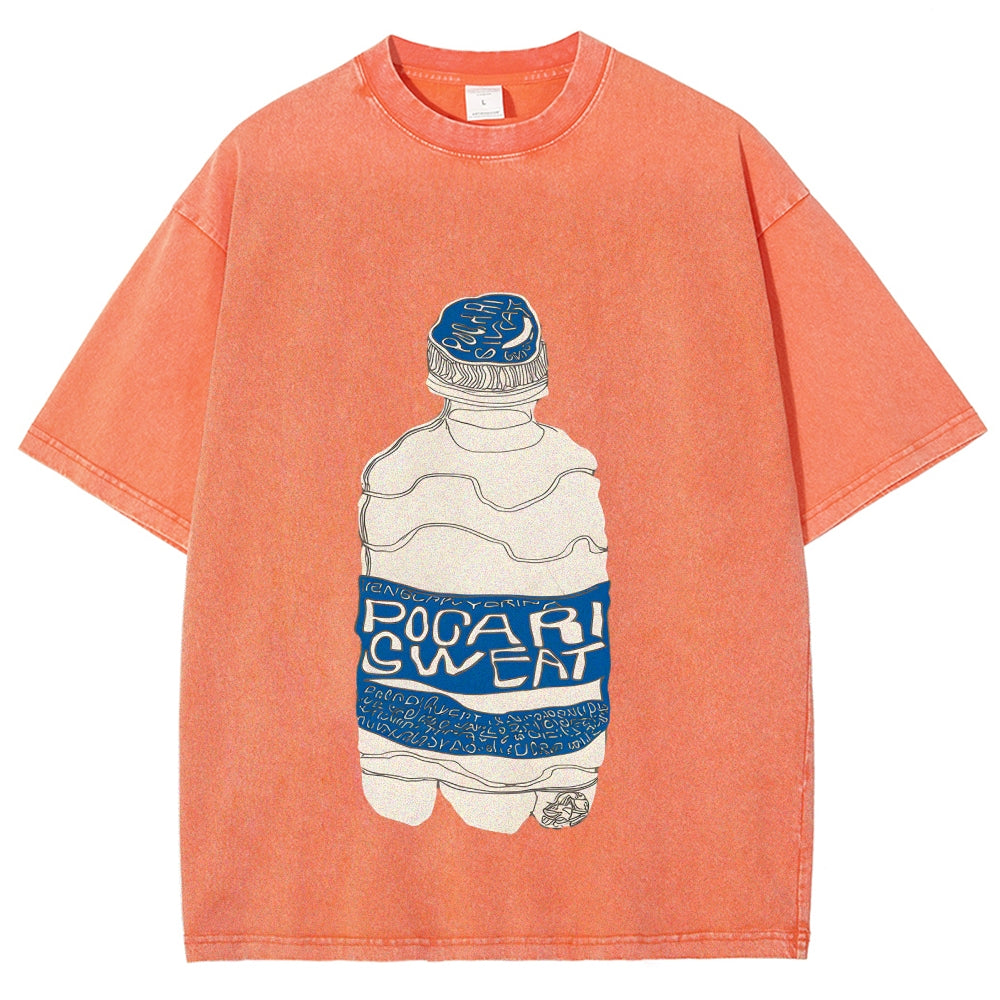 Pocari Sweat Japanese Hand Drawn Style Vintage Washed T-shirt