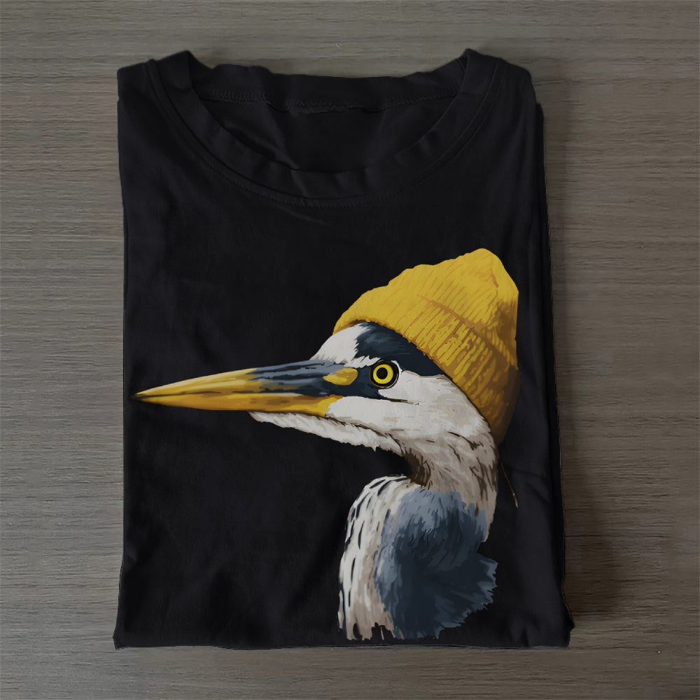 Unisex Classic Cotton Blue Heron Wearing Beanie Printed Folded T-shirt