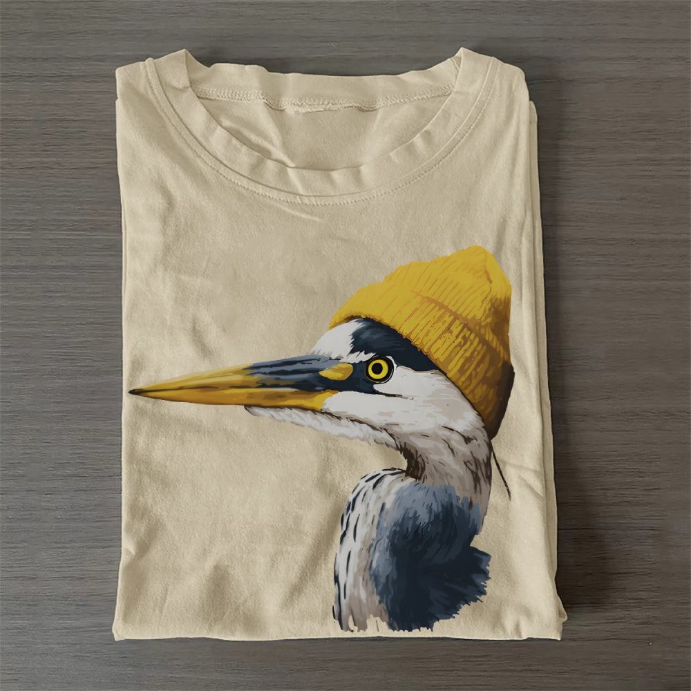 Unisex Classic Cotton Blue Heron Wearing Beanie Printed Folded T-shirt