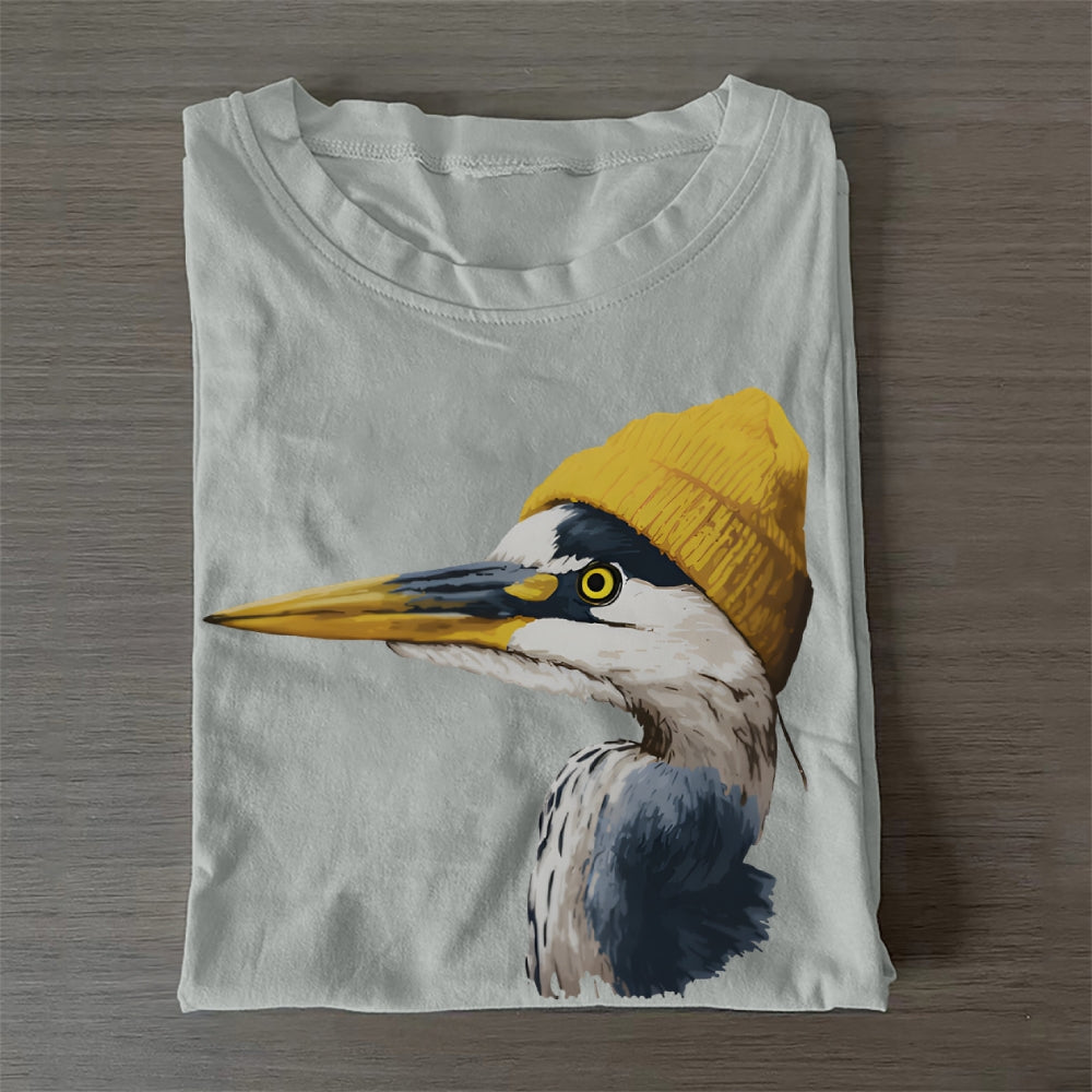 Unisex Classic Cotton Blue Heron Wearing Beanie Printed Folded T-shirt