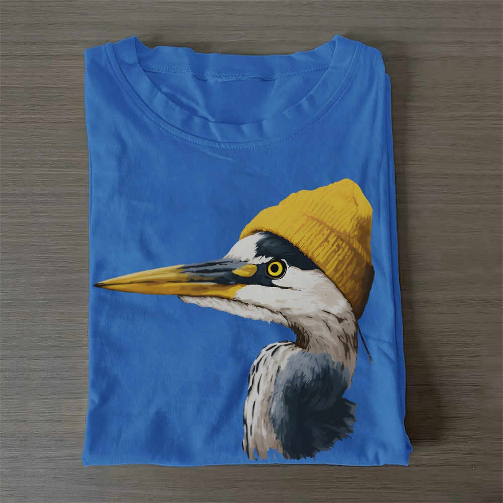 Unisex Classic Cotton Blue Heron Wearing Beanie Printed Folded T-shirt