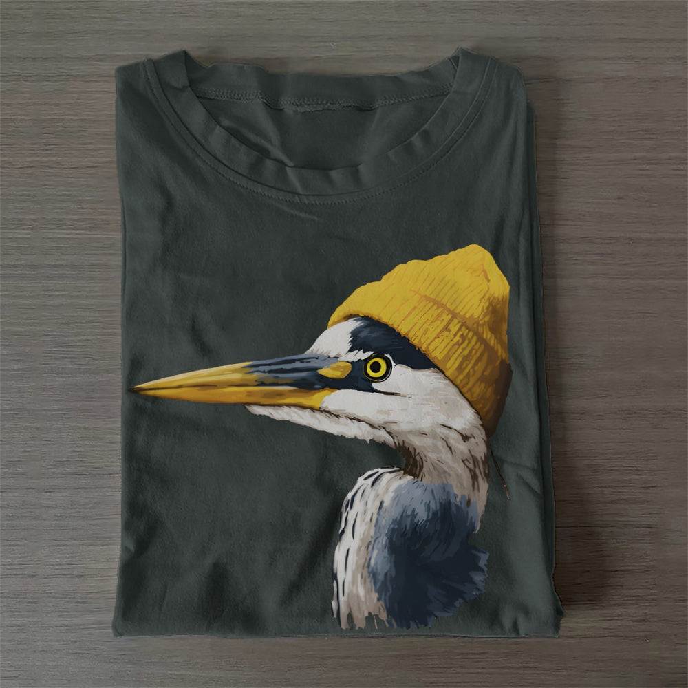 Unisex Classic Cotton Blue Heron Wearing Beanie Printed Folded T-shirt