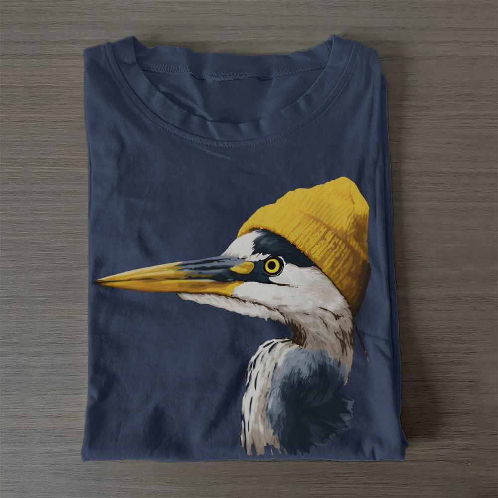 Unisex Classic Cotton Blue Heron Wearing Beanie Printed Folded T-shirt
