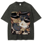 Japanese Style Anime Cats Vintage Washed T-shirt