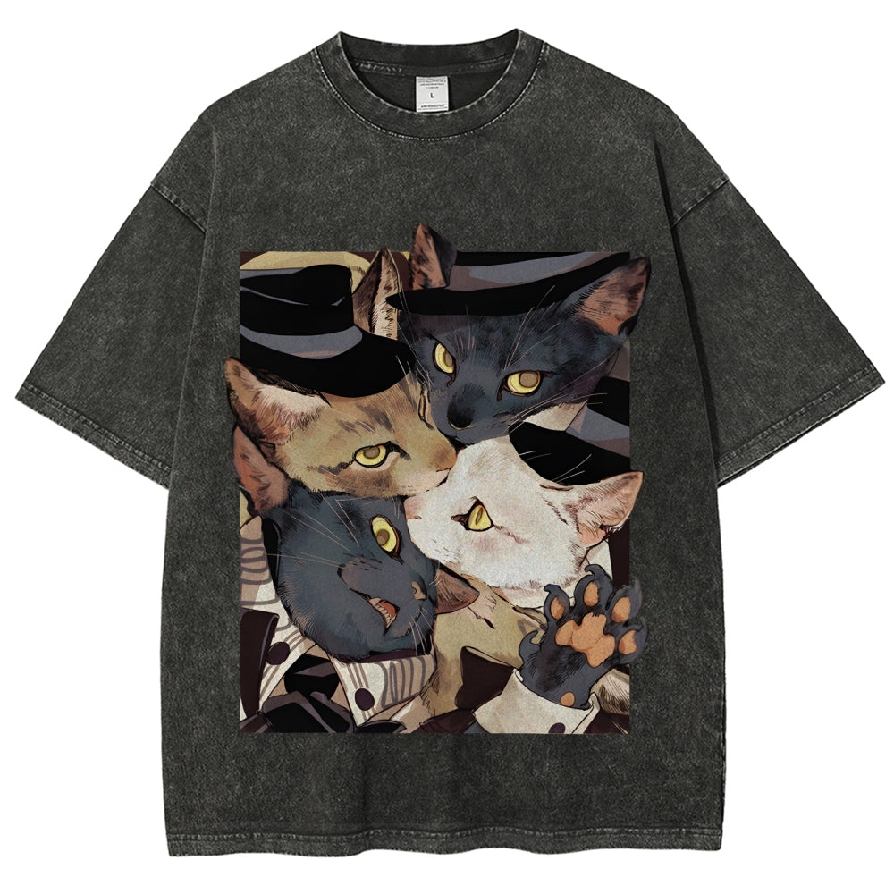 Japanese Style Anime Cats Vintage Washed T-shirt