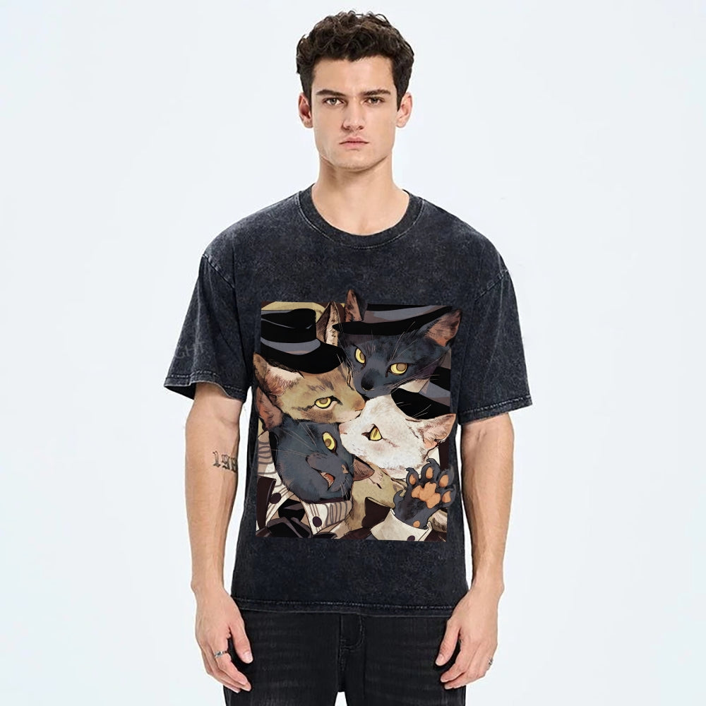 Japanese Style Anime Cats Vintage Washed T-shirt
