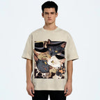 Japanese Style Anime Cats Vintage Washed T-shirt