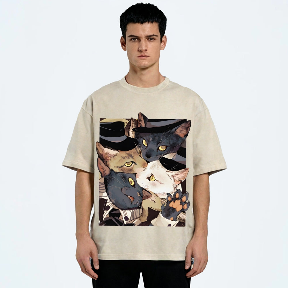 Japanese Style Anime Cats Vintage Washed T-shirt