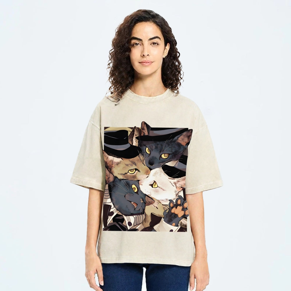 Japanese Style Anime Cats Vintage Washed T-shirt